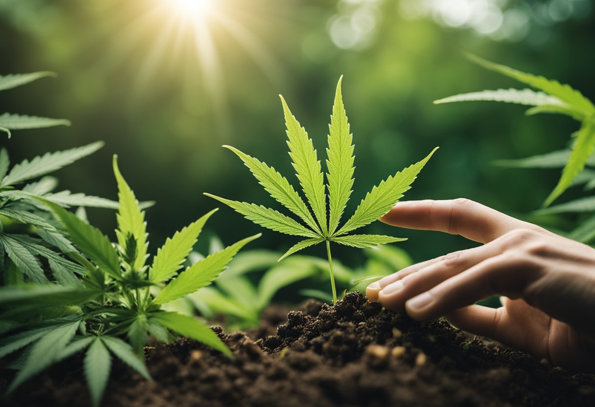 A hand reaches out to touch two different cannabis plants. One is vibrant and healthy, while the other is wilted and sickly. The contrast in texture and appearance is evident, illustrating the concept of good weed versus bad weed