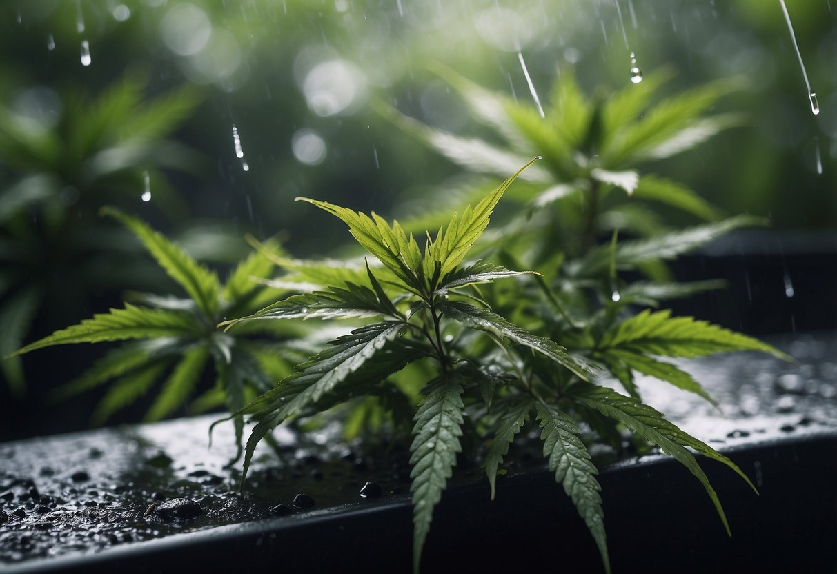 Rain-soaked cannabis leaves smoking on a wet surface