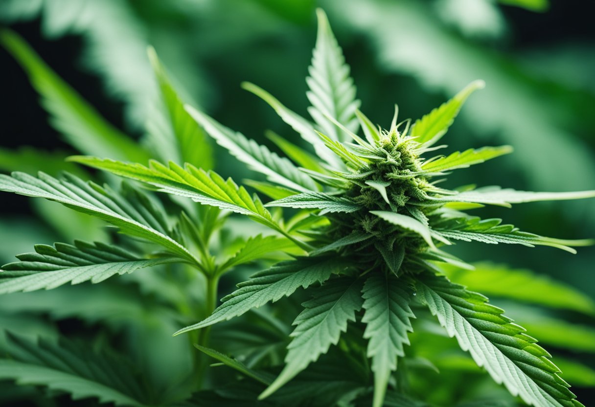 A cannabis plant with distinct fan leaves and sugar leaves, showcasing different cannabinoid profiles and consumption methods
